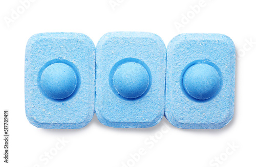 Water softener tablets on white background, top view