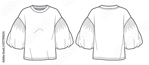 Women's Top T-Shirt fashion flat technical drawing template.  Balloon sleeve T-Shirt, Blouse fashion Cad mockup, front, back view, white.