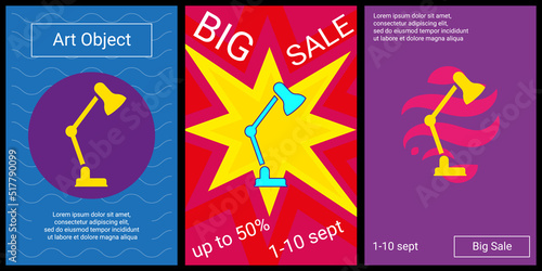 Trendy retro posters for organizing sales and other events. Large table lamp symbol in the center of each poster. Vector illustration on black background