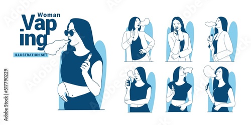 Women Vaping electronic cigarette illustration Set
