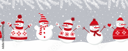Cute snowmen rejoice in winter holidays. Seamless border. Christmas background. Five different snowmen in red winter clothes under the snow. Can be used as a template for a greeting card. Vector