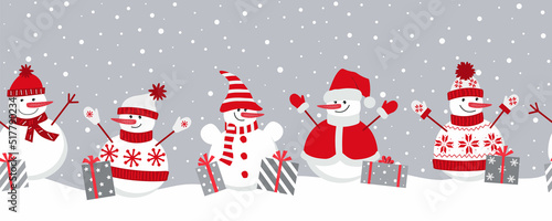 Happy snowmen rejoice in winter holidays. Seamless border. Christmas background. Five different snowmen with gifts under the snow. Can be used as a template for a greeting card. Vector