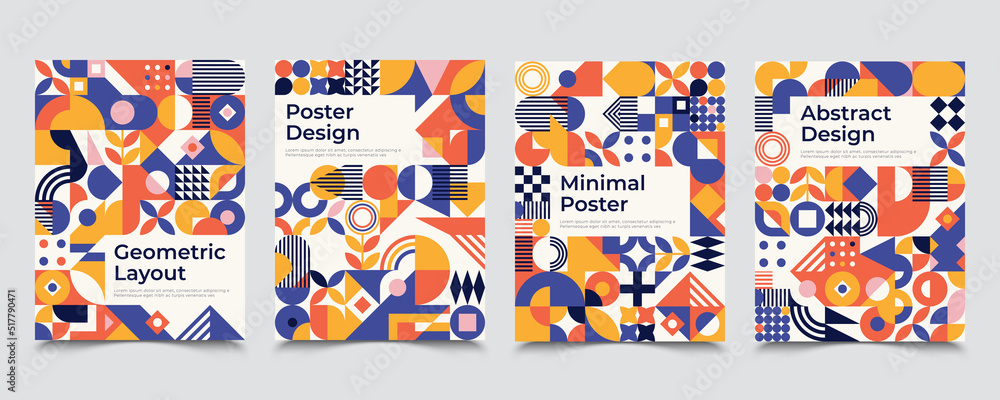 Four bauhaus inspired posters with square figures and text. Minimal modern abstract brochures. Abstract retro posters with basic figures templates