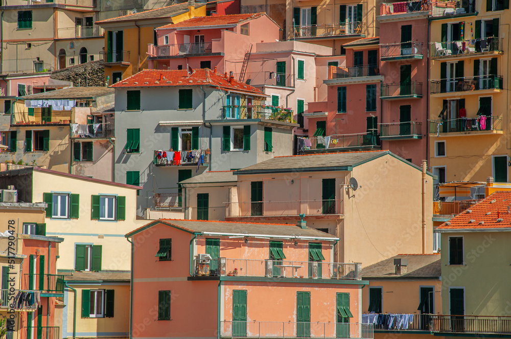 Sunny closeup view of Manarolla. Cinque Terre, Italy.