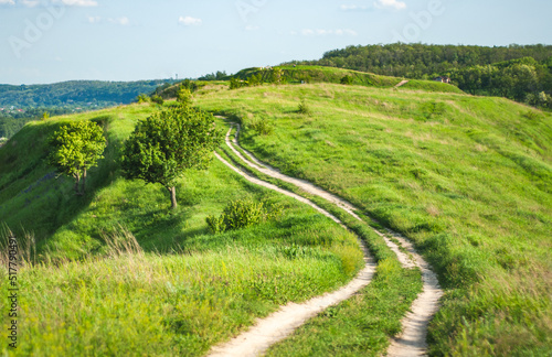 A crooked country road going up a hill covered with green grass