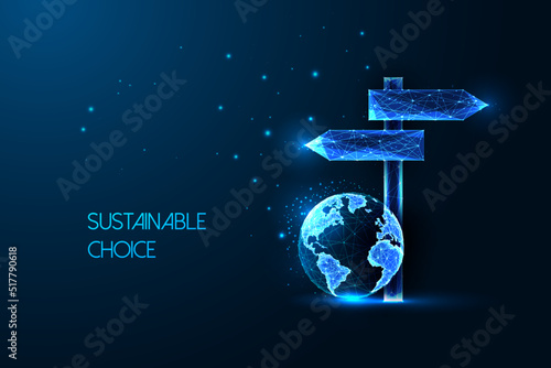 Sustainable choice concept with signpost and planet Earth in futuristic style on dark blue