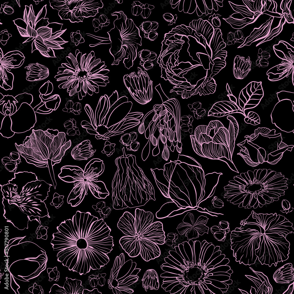 Fototapeta premium Seamless botanical pattern with flowers in doodle technique vector illustration 