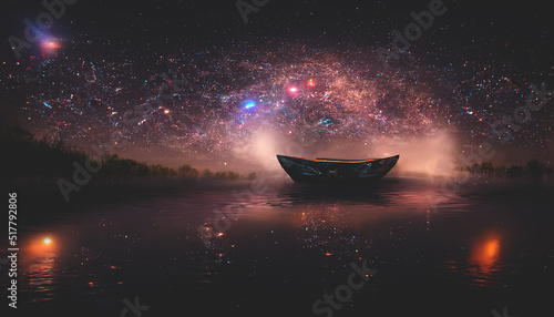 Abstract night fantasy landscape with a starry sky, a boat on the water, a lake in which the galaxy is reflected, the milky way, the universe, stars, planets. 3D illustration. 