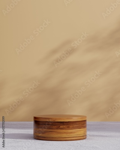 Fototapeta Naklejka Na Ścianę i Meble -  Minimal cylinder wood pedestal or podium for product showcase. Cosmetic beauty stand pedestal. Beige background. Leaf shadows. Empty stage. 3d render illustration