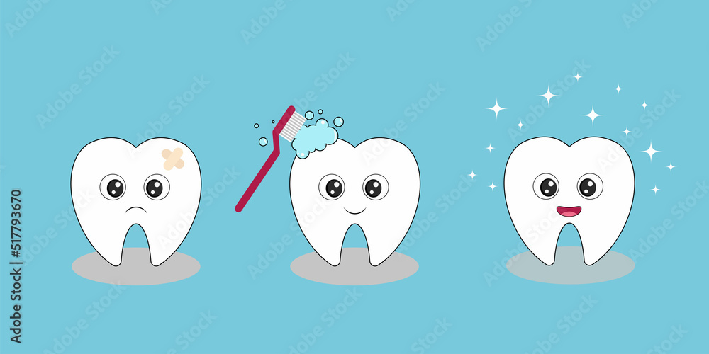 Cute cartoon teeth. Clean and dirty tooth. Dental care concept. Flat vector illustration