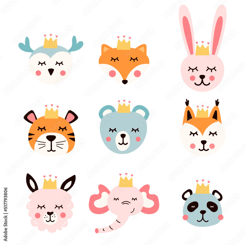 Set of cute animals in a crown. Animal heads with crowns. A beautiful print for children's t-shirts.