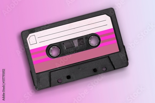 One single simple light analog audio cassette tape object. Retrowave, synthwave retro vintage