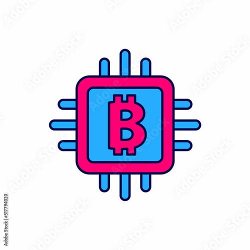 Filled outline CPU mining farm icon isolated on white background. Bitcoin sign inside processor. Cryptocurrency mining community. Digital money. Vector