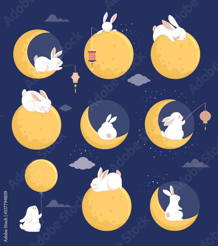 Mid Autumn Festival Concept Design with Cute Rabbits, Bunnies and Moon Illustrations. Chinese, Korean, Asian Mooncake festival celebration