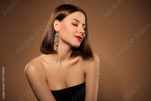 Attractive lady photo shooting over gradient background advertising shine evening mekeover ruby pomade eyes closed