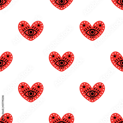 Seamless heart pattern decorated with an eye. Romantic pattern for Valentines Day. Vector illustration