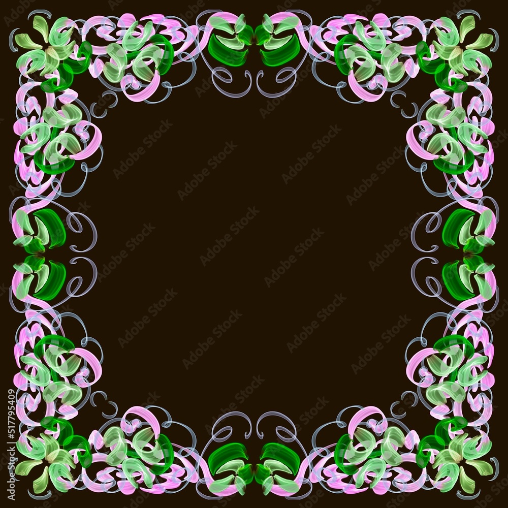 Green frame for photo, with flowers and butterflies, Modern Ukrainian ornament on a black background, three-dimensional drawing, banner, poster, space for text,pink color Green frame for photo, with flowers and butterflies, Modern Ukrainian ornament on a black background, three-dimensional drawing, banner, poster, space for text,pink color