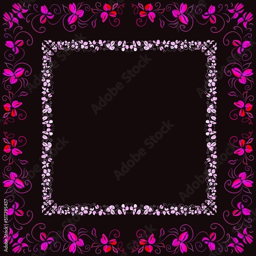 frame for photo, with flowers and butterflies, Modern Ukrainian ornament on a black background, three-dimensional drawing, banner, poster, space for text,pink color © Papanata