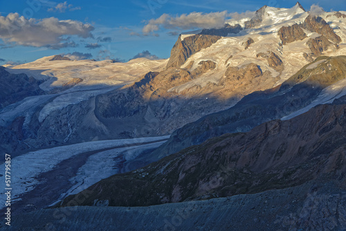Monte Rosa summits and glaciers landscape at sunset