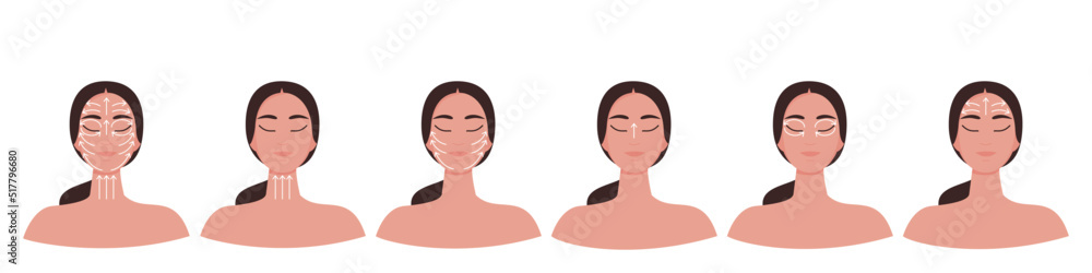 Infographic on facial massage lines. Step by step infographic with directions. Skin care to get glowing healthy look. Vector illustration isolated on white background. Infographic on facial massage lines. Step by step infographic with directions. Skin care to get glowing healthy look. Vector illustration isolated on white background.