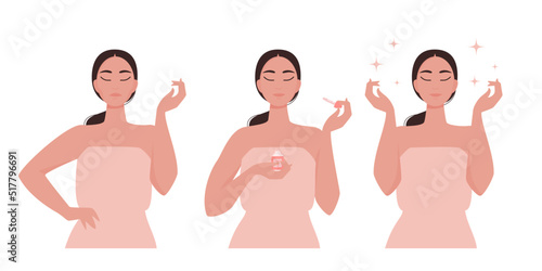 3 steps scheme to apply serum on face. Infographic with cute girl having tired skin with wrinkles before serum and healthy glowing look after beauty treatment. Vector illustration isolated on white. 