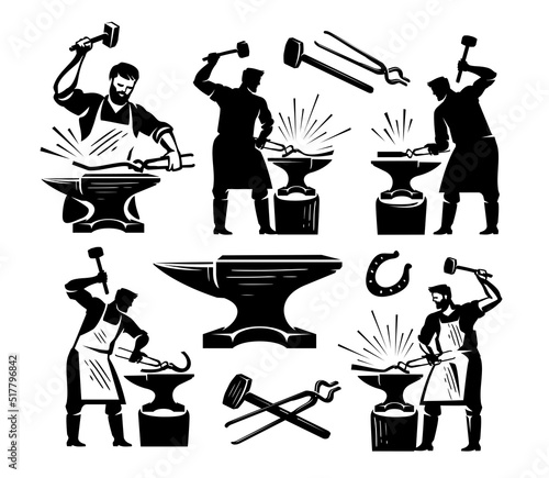 Blacksmithing set concept vector. Collection design elements for craft Workshop, Blacksmith shop, metal work