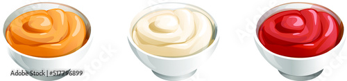 a set of sauces in neat white saucers. realistic stylized white saucers are filled with colorful colorful appetizing sauces