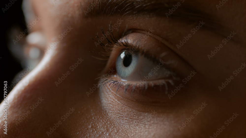 Macro shot of blue eyes of Caucasian female model on black background | Eye care concept Macro shot of blue eyes of Caucasian female model on black background | Eye care concept