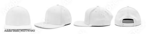 Leinwand Poster White snap back baseball cap array isolated on a white infinity cove background