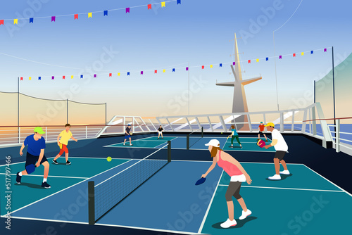 People Playing Pickleball in a Cruise Vacation Vector Illustration
