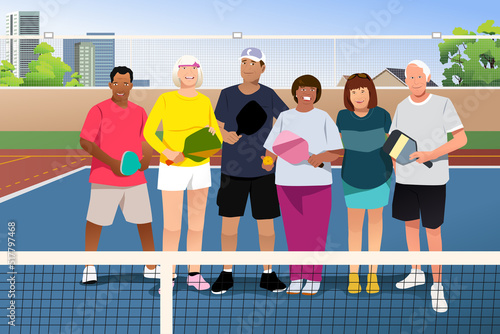 Senior People Playing Pickleball Outdoor Vector Illustration