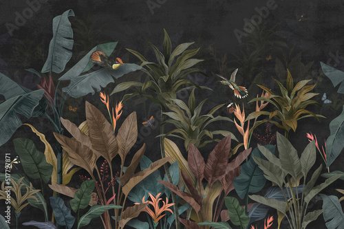 wallpaper palm tropical forest vintage jungle pattern with birds dark black background