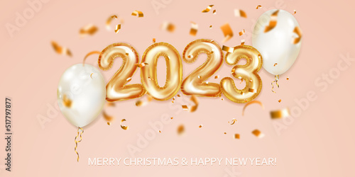 Festive Christmas background with white balloons, numbers 2023 of golden foil balloons and shiny pieces of serpentine. Vector illustration for posters, flyers or cards