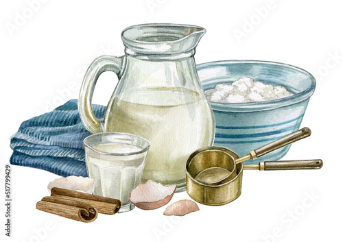 Still life illustration with kitchen equipment. Watercolor composition with baking tools, milk jar, flour, eggs, and Cinnamon sticks. Bakery menu, pastry shop. Vintage rustic style, homemade baking
