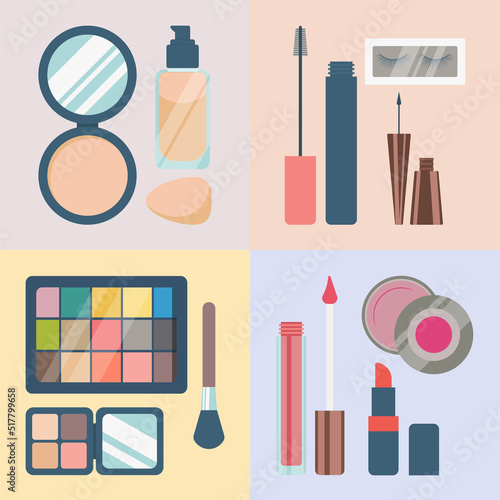 Set Of Different Makeup Beauty Products Vector Illustration In Flat Style