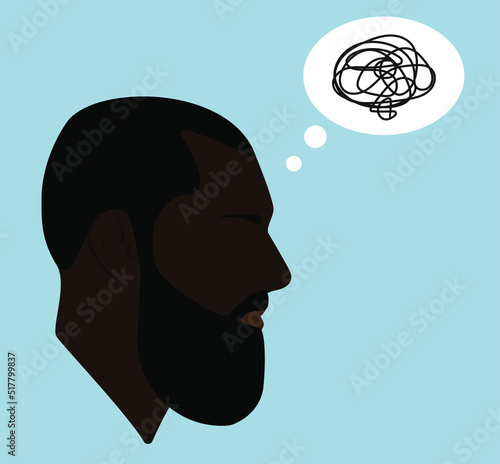 Silhouette. Face. Black guy. Male black head. Flat illustration of face. Head icon. Silhouette of a bearded man. Guy avatar. Intrapersonal conflict. Thought bubble.