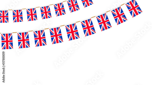 UK flag garland. Union Jack pennants chain. British party bunting decoration. Great Britain flags for celebration. Footer and banner background.