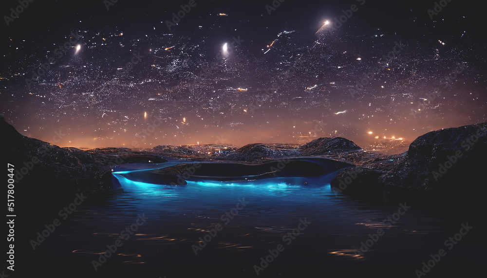 Abstract night fantasy landscape with a starry sky, a natural pool of water, a lake in which the galaxy, the milky way, the universe, stars, planets are reflected. 3D illustration. Abstract night fantasy landscape with a starry sky, a natural pool of water, a lake in which the galaxy, the milky way, the universe, stars, planets are reflected. 3D illustration.