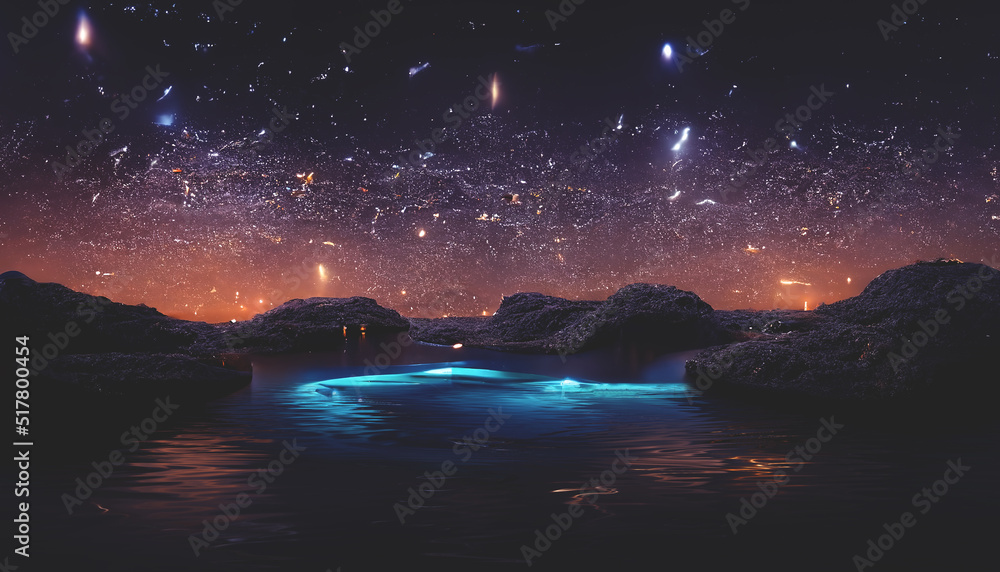 Abstract night fantasy landscape with a starry sky, a natural pool of water, a lake in which the galaxy, the milky way, the universe, stars, planets are reflected. 3D illustration.