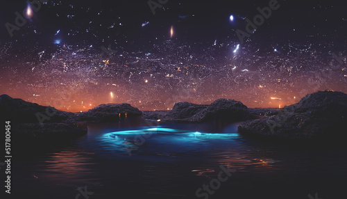 Abstract night fantasy landscape with a starry sky, a natural pool of water, a lake in which the galaxy, the milky way, the universe, stars, planets are reflected. 3D illustration.