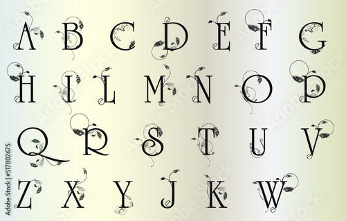 Luxury alphabet set. Elegant letters with floral arrangement, peacock feathers and curls. Font, text, writing.