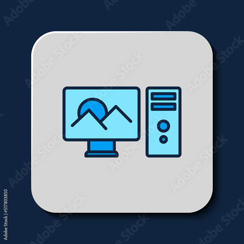 Filled outline Photo retouching icon isolated on blue background. Photographer, photography, retouch icon. Vector