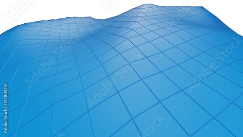 Blue mountain topography surface with blue grid line under white background. 3D illustration. 3D CG.