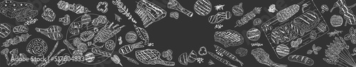 Grilled meat and vegetables. Top view design. Engraved design. Hand drawn illustration. For the design of the menu of cafes and restaurants, shop windows related to the theme of grilled food.
