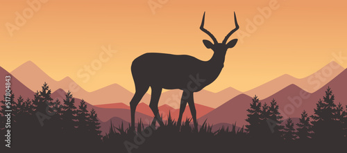 Deer In Forest Vector  The Best Deer Silhouette In Mountain Illustration