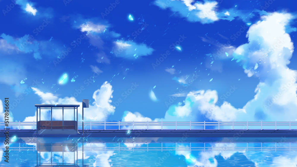 Fototapeta premium bus terminal on a beach with reflection under sunny and sparkly cloudy sky anime wallpaper high definition