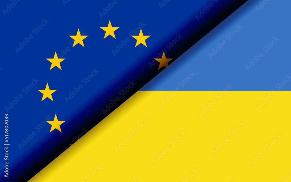 Flags of European Union and Ukraine divided diagonally