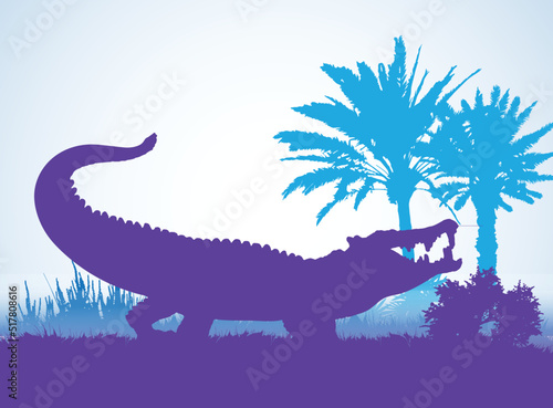 Kaprosuchus Dinosaurs silhouettes in prehistoric environment overlapping layers; decorative background banner abstract vector illustration