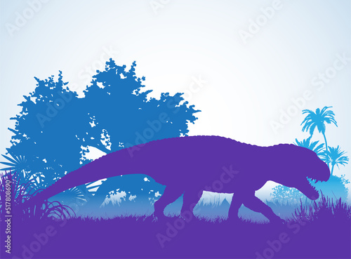 Postosuchus Dinosaurs silhouettes in prehistoric environment overlapping layers; decorative background banner abstract vector illustration