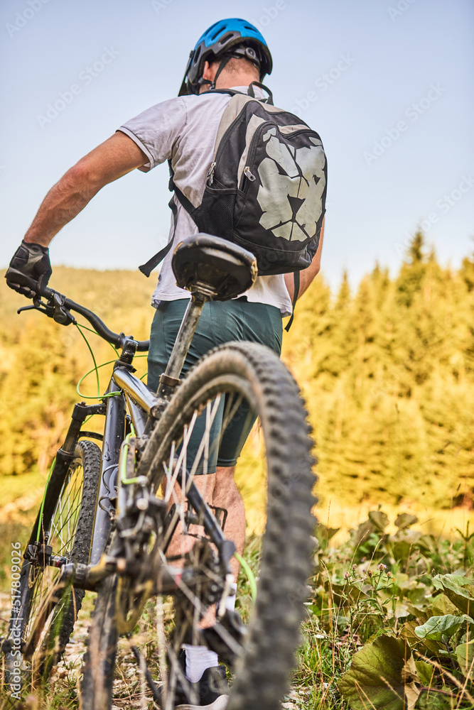 Fototapeta premium A cyclist rides a bike next to him through the forest roads